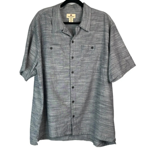 WOOLRICH Mens Blue Marled Chambray Button Up Shirt Short Sleeve Cotton Preppy XL - Picture 2 of 11